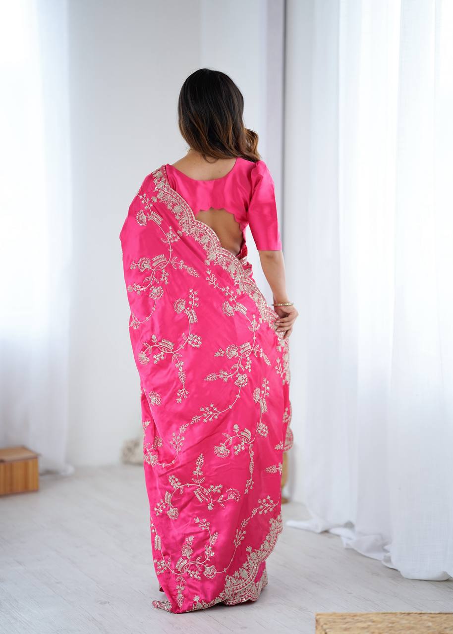 Hot Pink Japan Satin Silk Saree with Sequins Embroidery Work