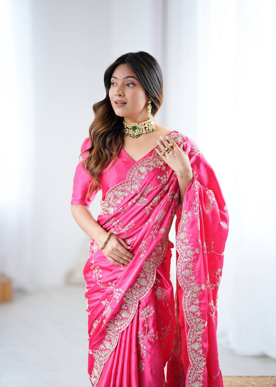 Hot Pink Japan Satin Silk Saree with Sequins Embroidery Work