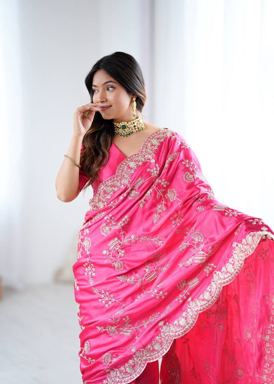 Hot Pink Japan Satin Silk Saree with Sequins Embroidery Work