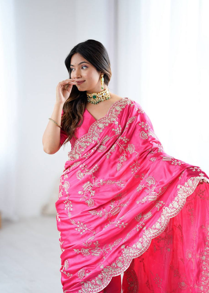 Hot Pink Japan Satin Silk Saree with Sequins Embroidery Work