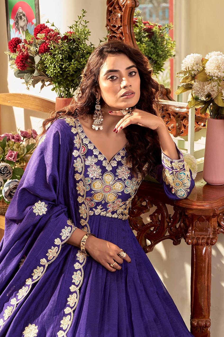 Royal Blue Pure Vichitra Festival Gown with Heavy Cording Sequence Embroidery & Dupatta