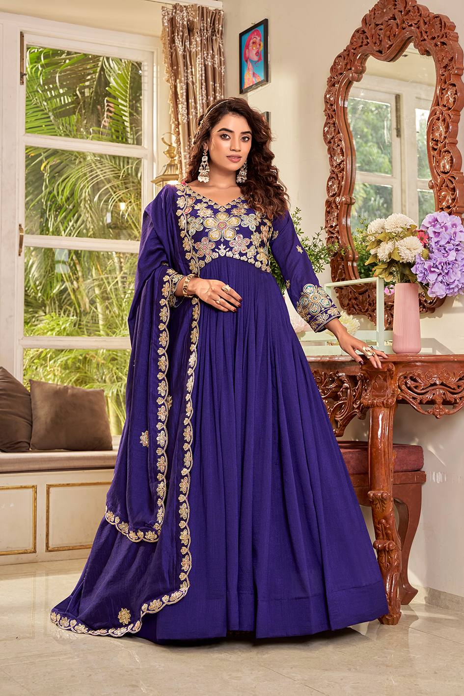 Royal Blue Pure Vichitra Festival Gown with Heavy Cording Sequence Embroidery & Dupatta