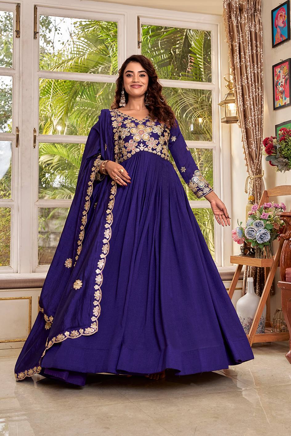 Royal Blue Pure Vichitra Festival Gown with Heavy Cording Sequence Embroidery & Dupatta