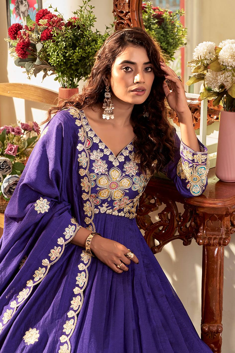Royal Blue Pure Vichitra Festival Gown with Heavy Cording Sequence Embroidery & Dupatta