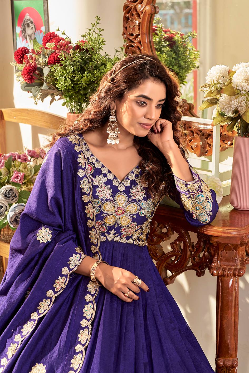 Royal Blue Pure Vichitra Festival Gown with Heavy Cording Sequence Embroidery & Dupatta