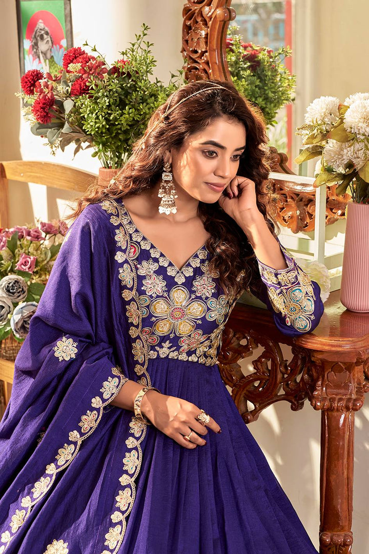 Royal Blue Pure Vichitra Festival Gown with Heavy Cording Sequence Embroidery & Dupatta