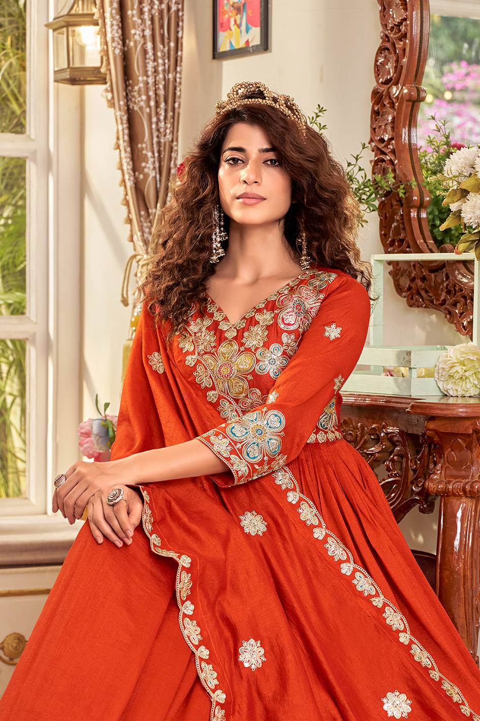 Rust Orange Pure Vichitra Designer Gown with Heavy Cording Sequence Embroidery & Dupatta for Women