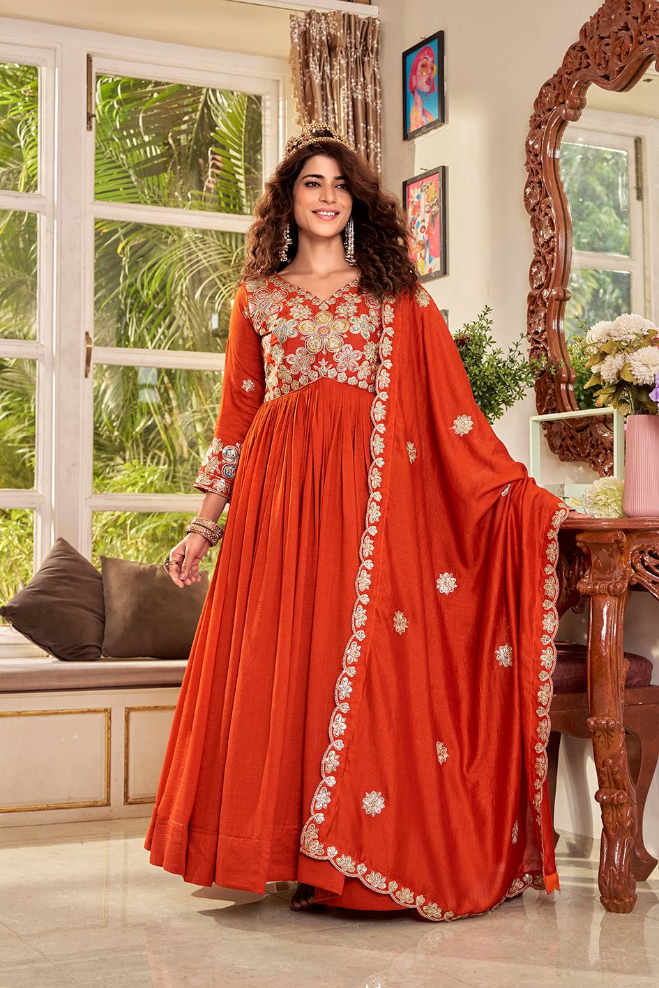 Rust Orange Pure Vichitra Designer Gown with Heavy Cording Sequence Embroidery & Dupatta for Women