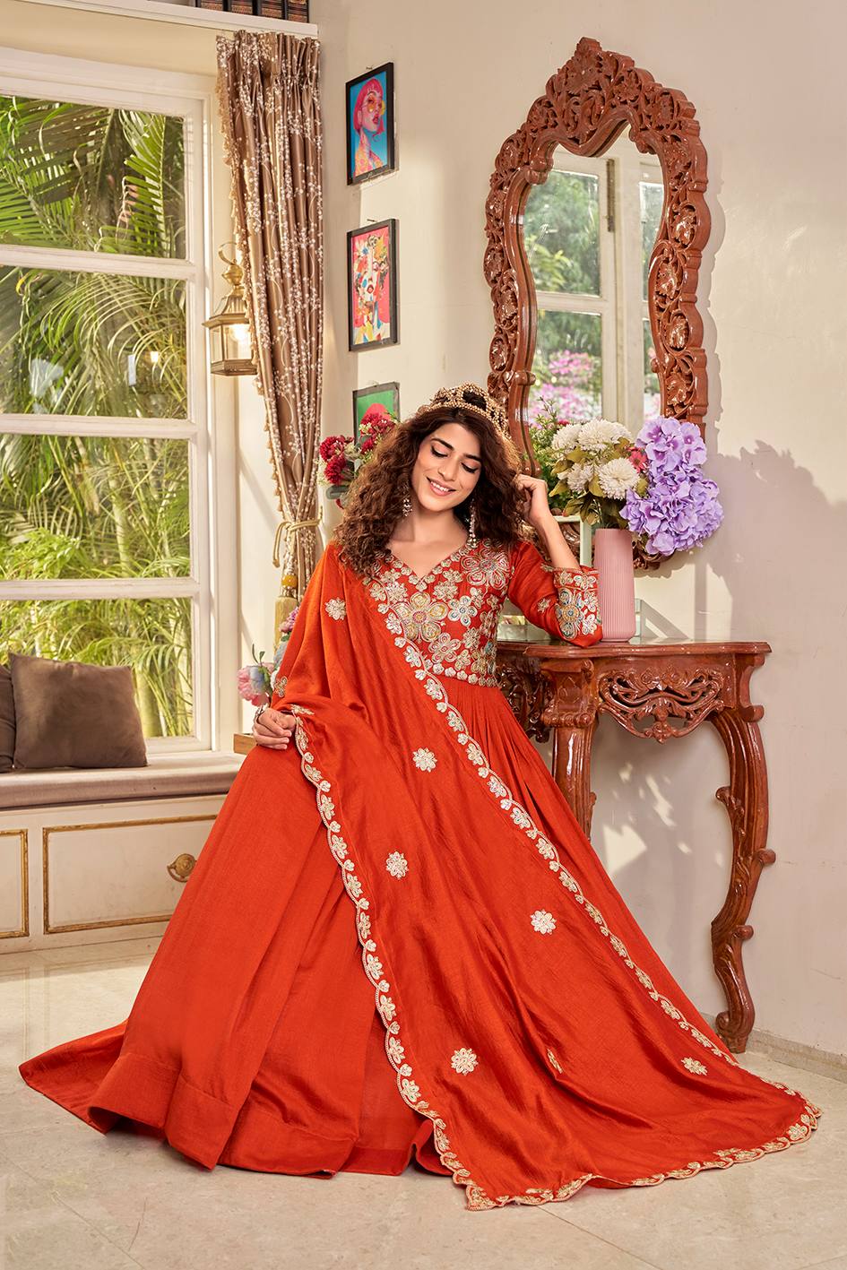 Rust Orange Pure Vichitra Designer Gown with Heavy Cording Sequence Embroidery & Dupatta for Women