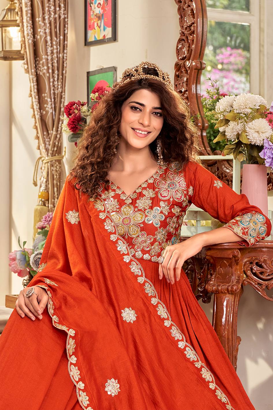 Rust Orange Pure Vichitra Designer Gown with Heavy Cording Sequence Embroidery & Dupatta for Women