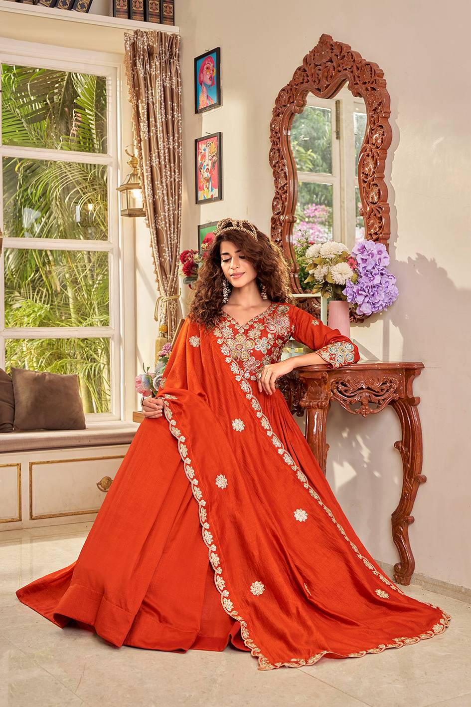 Rust Orange Pure Vichitra Designer Gown with Heavy Cording Sequence Embroidery & Dupatta for Women