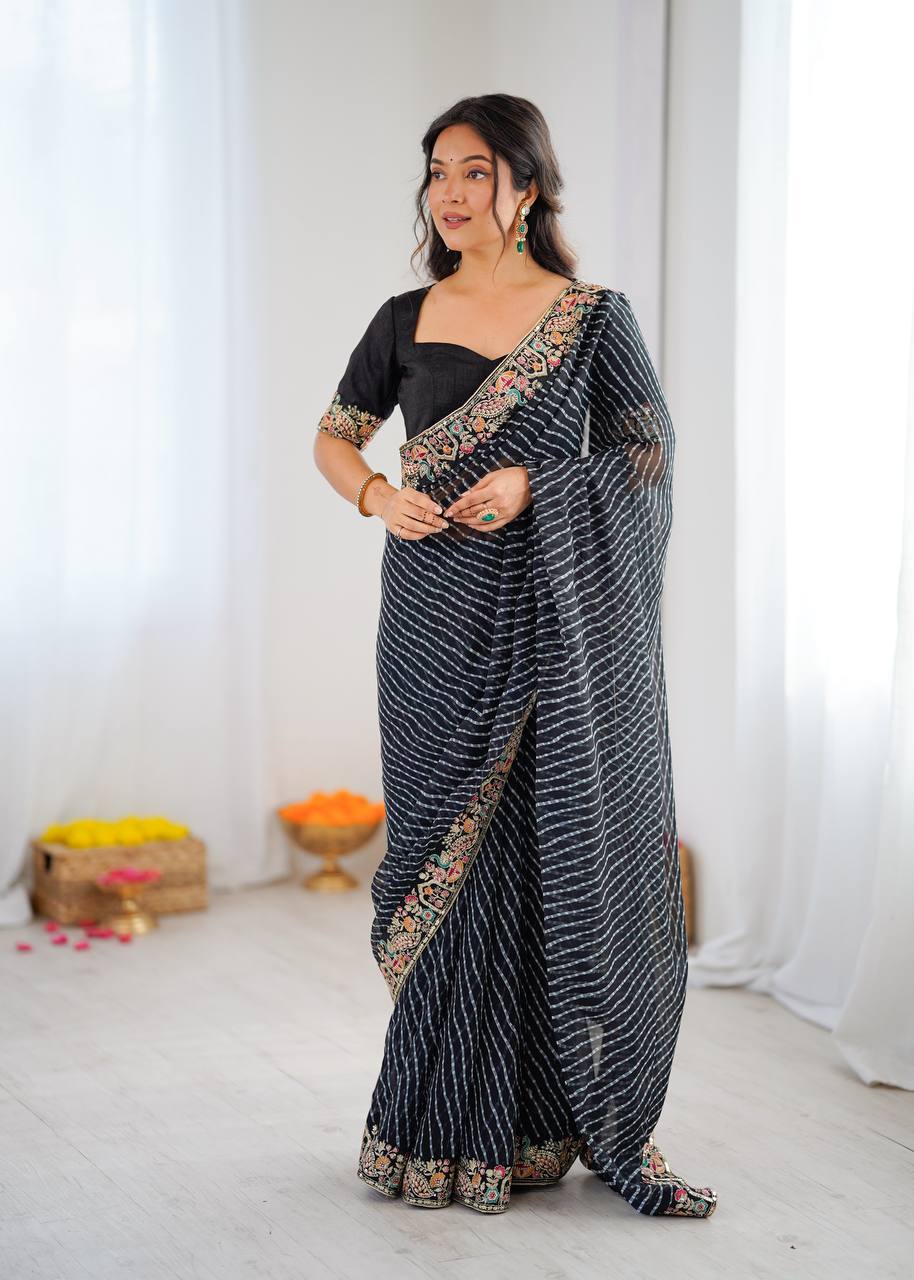 Black Faux Georgette Saree with Thread & Sequins Embroidery Border