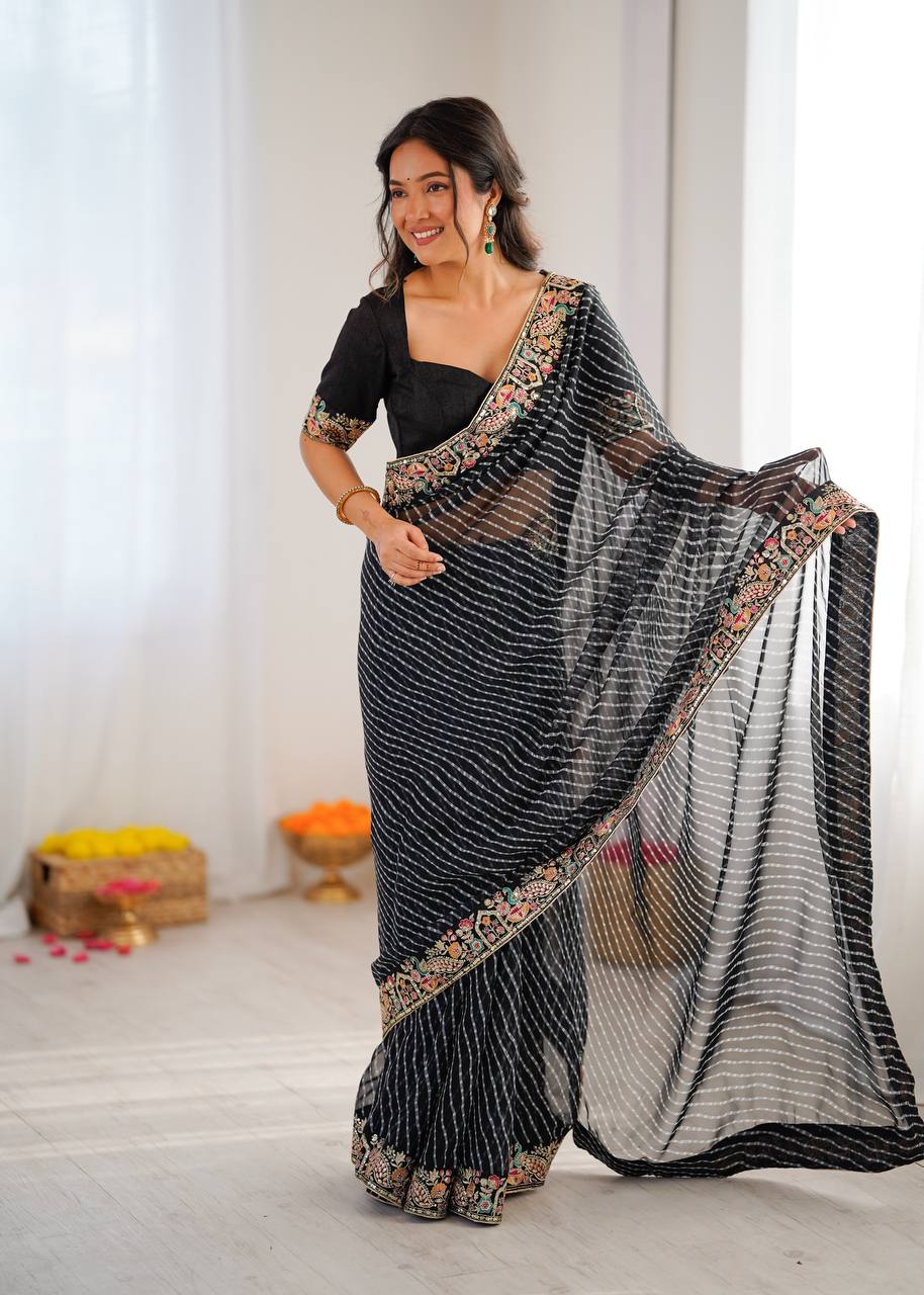 Black Faux Georgette Saree with Thread & Sequins Embroidery Border