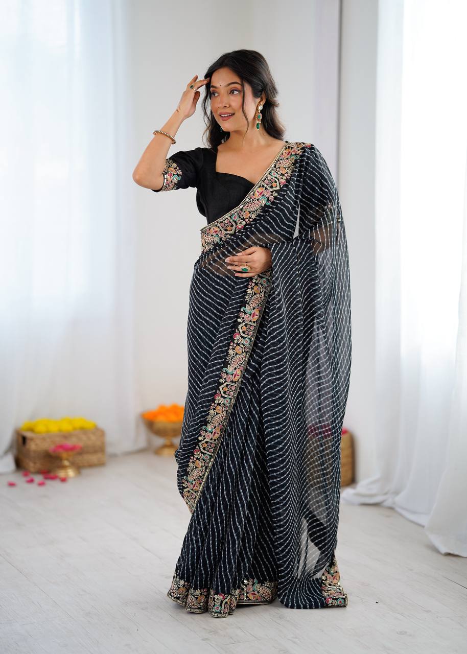 Black Faux Georgette Saree with Thread & Sequins Embroidery Border