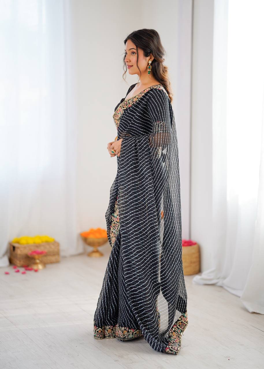Black Faux Georgette Saree with Thread & Sequins Embroidery Border
