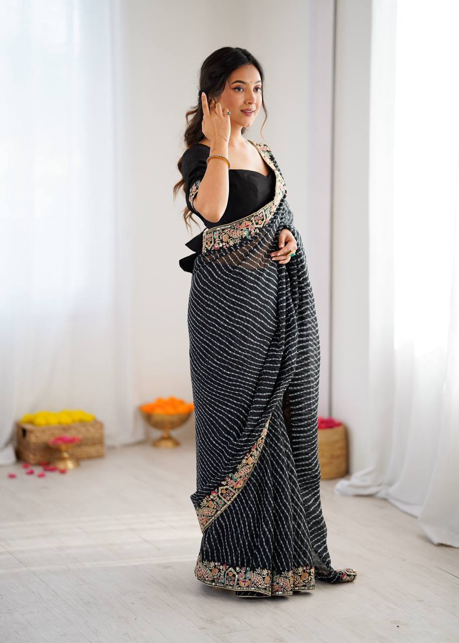 Black Faux Georgette Saree with Thread & Sequins Embroidery Border