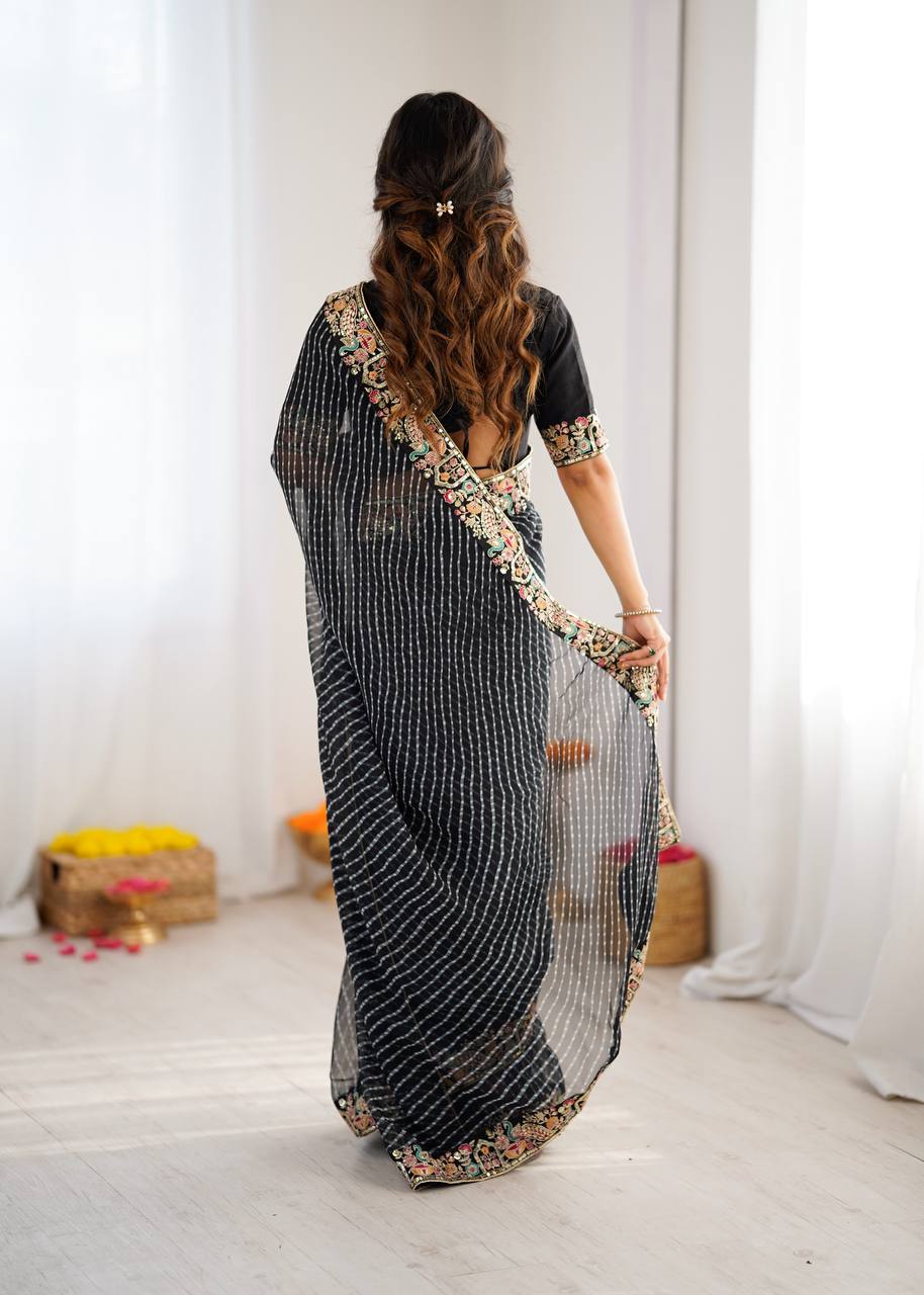 Black Faux Georgette Saree with Thread & Sequins Embroidery Border