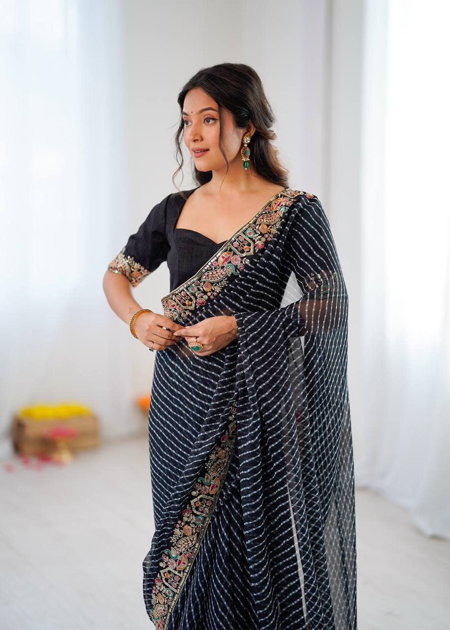 Black Faux Georgette Saree with Thread & Sequins Embroidery Border