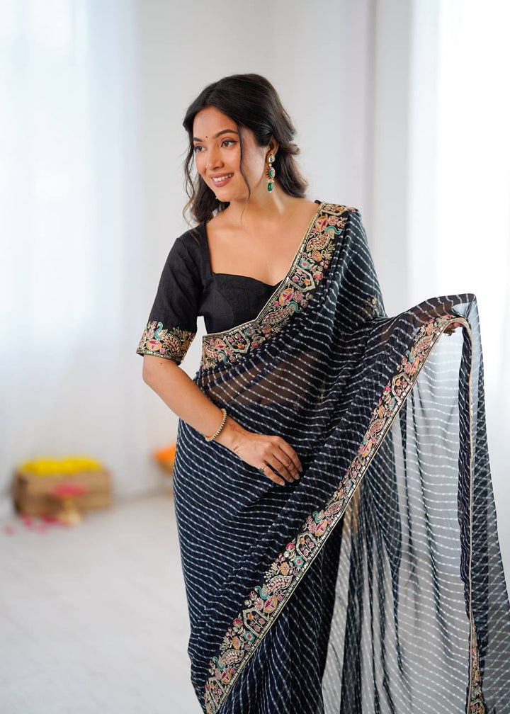 Black Faux Georgette Saree with Thread & Sequins Embroidery Border