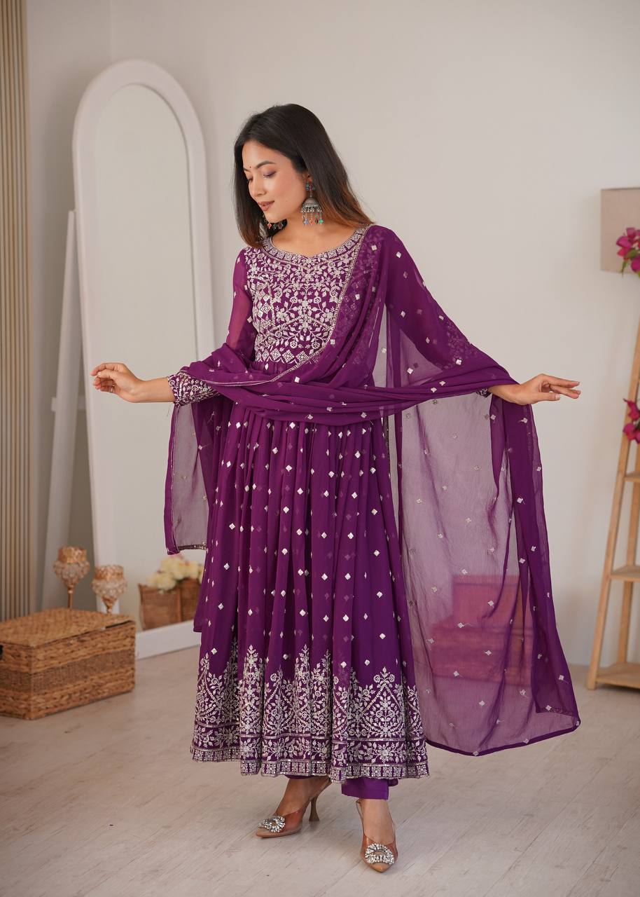 Purple Faux Georgette Designer Anarkali Suit with Embroidered Dupatta & Pant | Ready to Wear