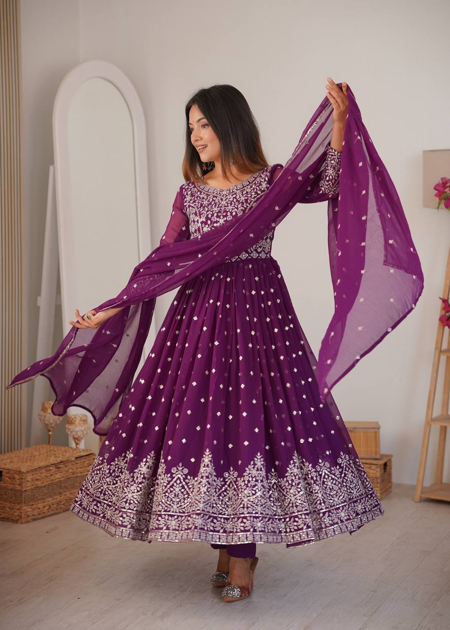Purple Faux Georgette Designer Anarkali Suit with Embroidered Dupatta & Pant | Ready to Wear