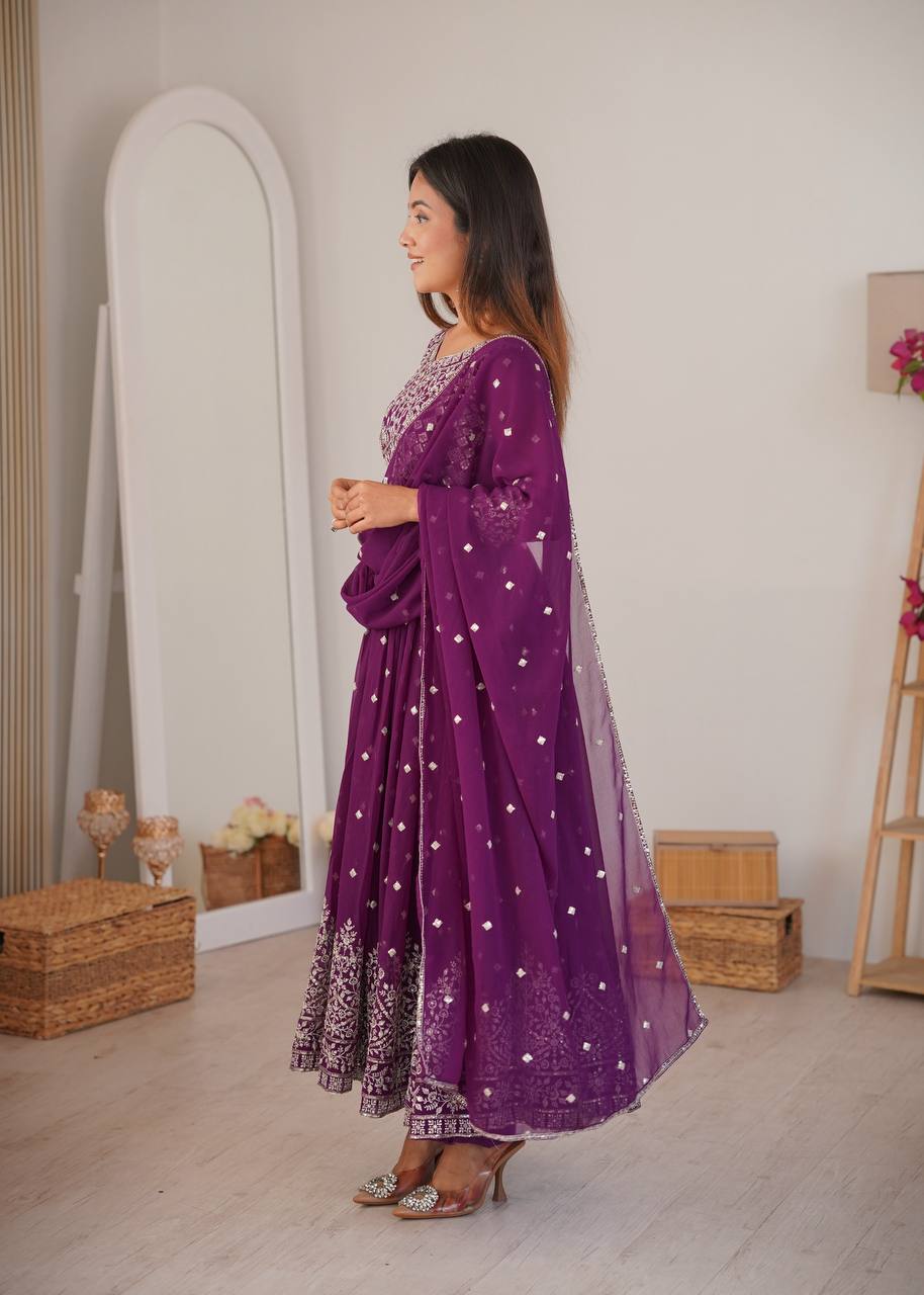 Purple Faux Georgette Designer Anarkali Suit with Embroidered Dupatta & Pant | Ready to Wear