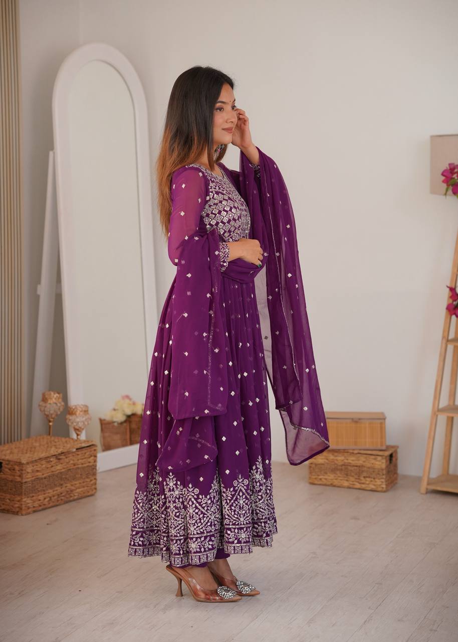 Purple Faux Georgette Designer Anarkali Suit with Embroidered Dupatta & Pant | Ready to Wear