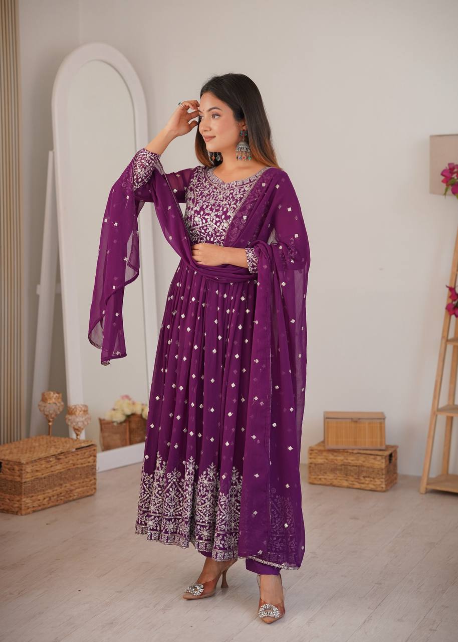 Purple Faux Georgette Designer Anarkali Suit with Embroidered Dupatta & Pant | Ready to Wear