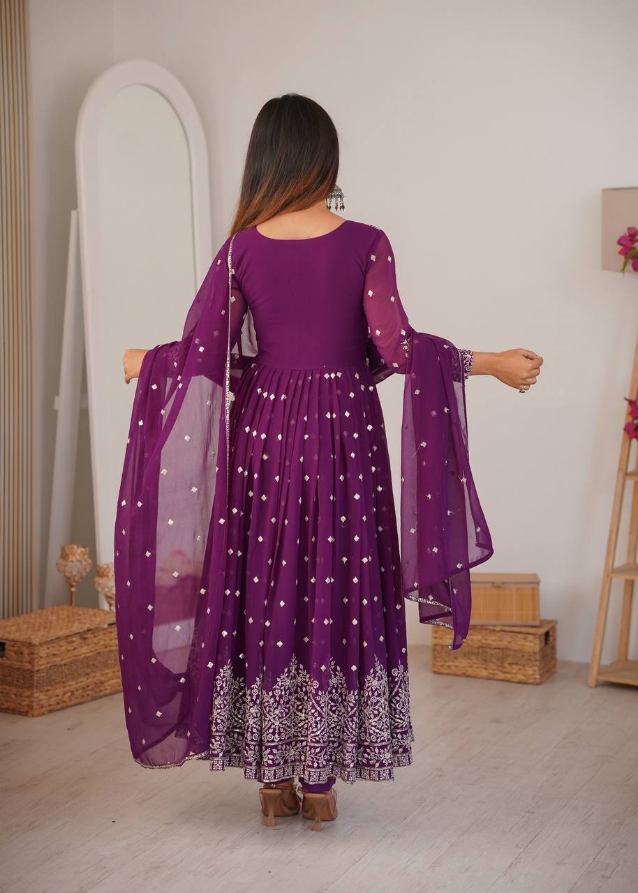 Purple Faux Georgette Designer Anarkali Suit with Embroidered Dupatta & Pant | Ready to Wear