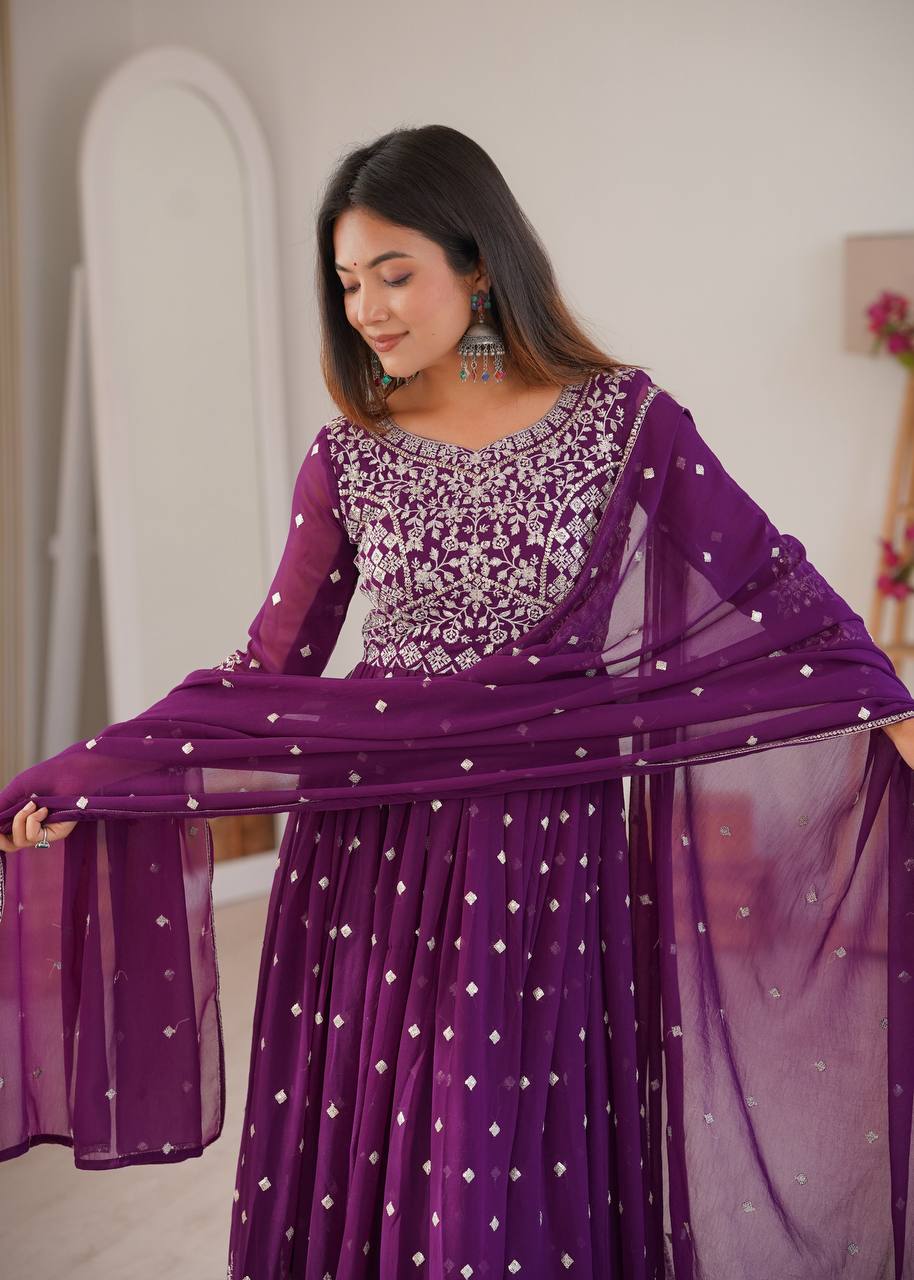 Purple Faux Georgette Designer Anarkali Suit with Embroidered Dupatta & Pant | Ready to Wear