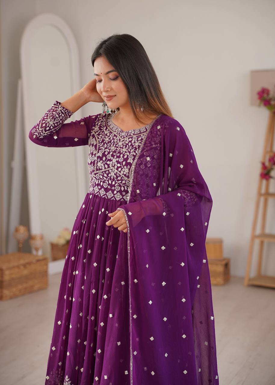 Purple Faux Georgette Designer Anarkali Suit with Embroidered Dupatta & Pant | Ready to Wear