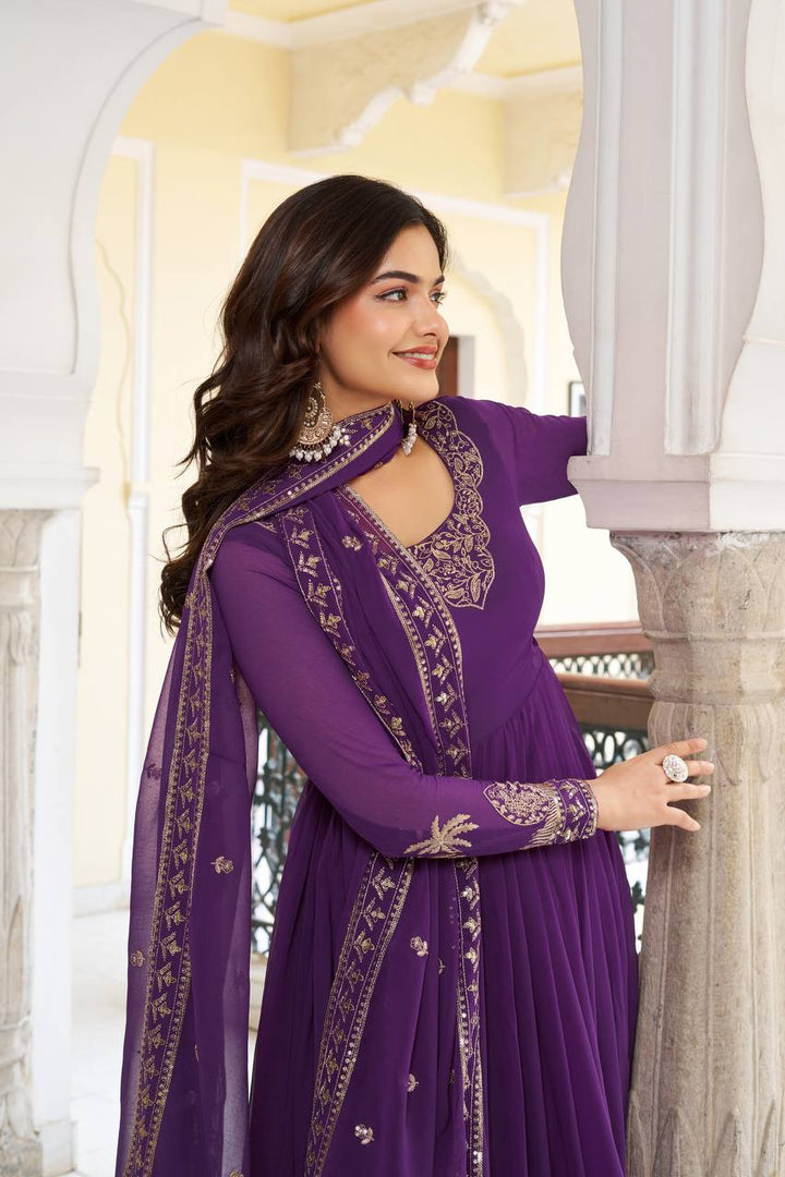 Purple Faux Georgette Embroidered Designer Gown with Dupatta & Pant | Ready to Wear Party Wear Suit
