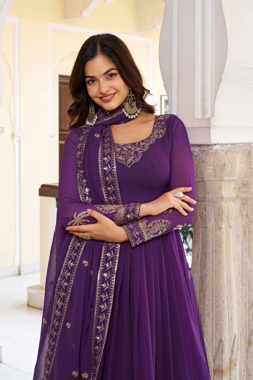 Purple Faux Georgette Embroidered Designer Gown with Dupatta & Pant | Ready to Wear Party Wear Suit