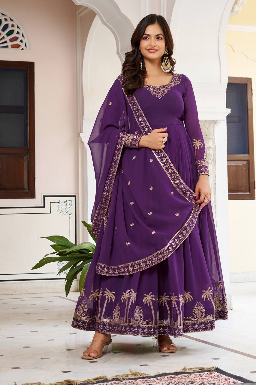 Purple Faux Georgette Embroidered Designer Gown with Dupatta & Pant | Ready to Wear Party Wear Suit