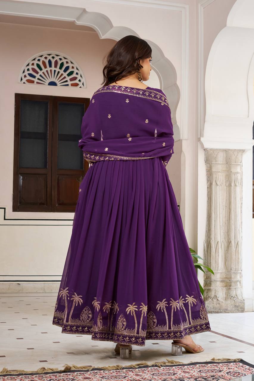 Purple Faux Georgette Embroidered Designer Gown with Dupatta & Pant | Ready to Wear Party Wear Suit
