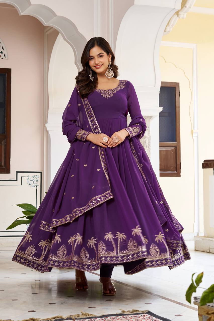 Purple Faux Georgette Embroidered Designer Gown with Dupatta & Pant | Ready to Wear Party Wear Suit