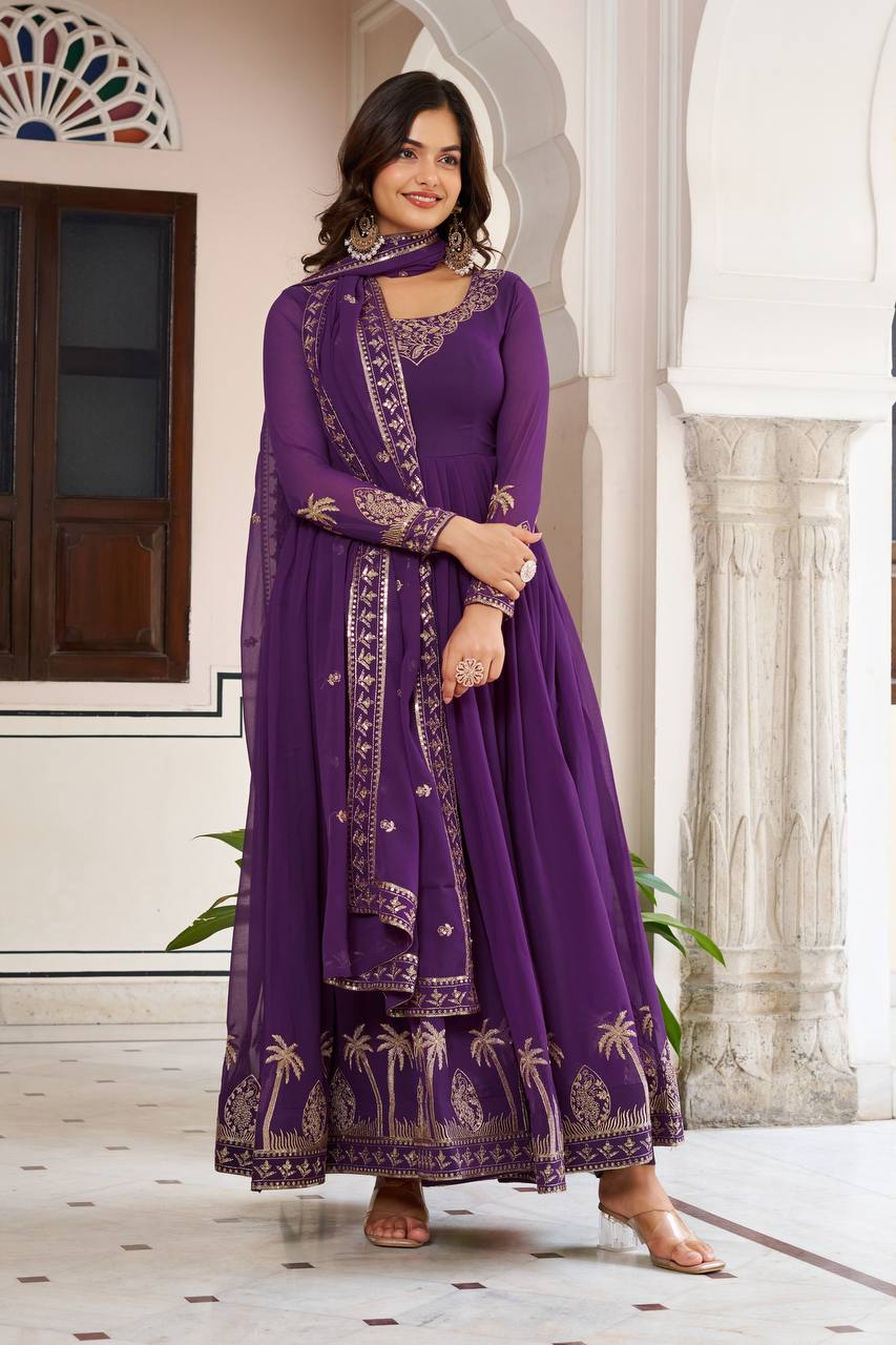 Purple Faux Georgette Embroidered Designer Gown with Dupatta & Pant | Ready to Wear Party Wear Suit