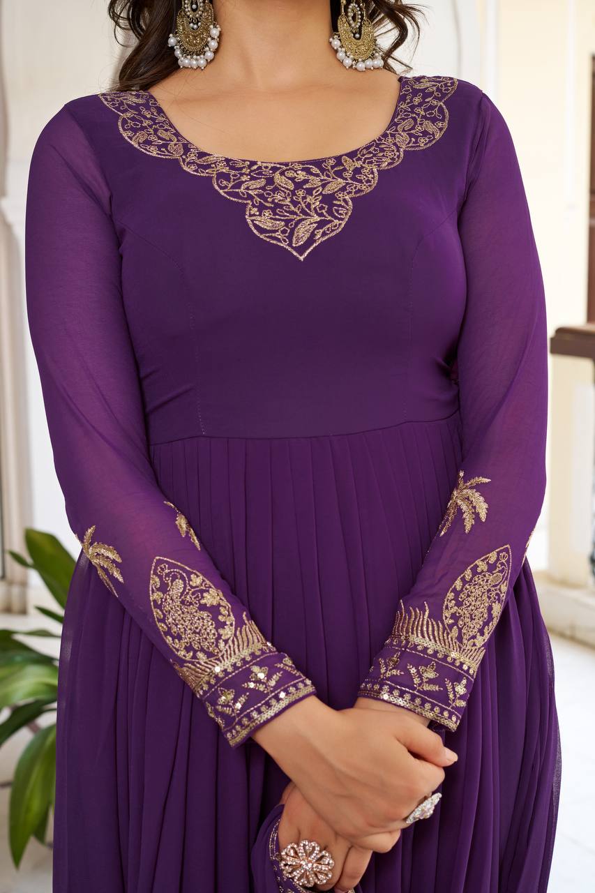 Purple Faux Georgette Embroidered Designer Gown with Dupatta & Pant | Ready to Wear Party Wear Suit