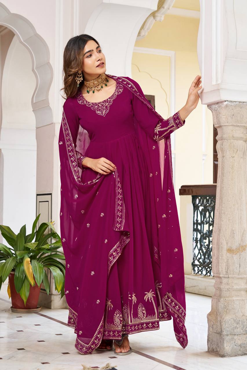 Magenta Faux Georgette Designer Embroidered Gown with Dupatta & Pant | Ready to Wear Ethnic Suit