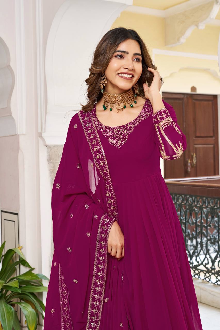 Magenta Faux Georgette Designer Embroidered Gown with Dupatta & Pant | Ready to Wear Ethnic Suit