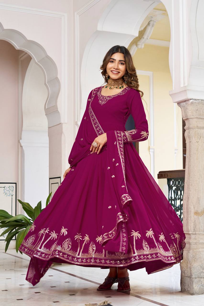 Magenta Faux Georgette Designer Embroidered Gown with Dupatta & Pant | Ready to Wear Ethnic Suit
