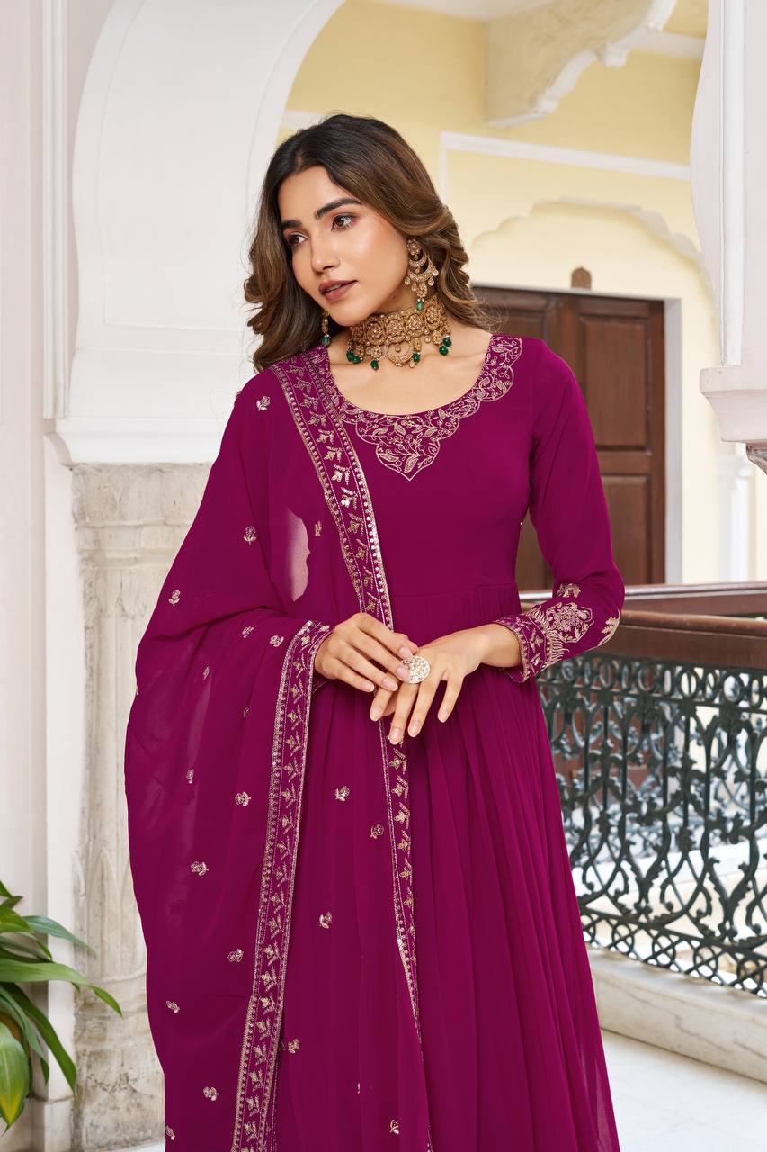 Magenta Faux Georgette Designer Embroidered Gown with Dupatta & Pant | Ready to Wear Ethnic Suit