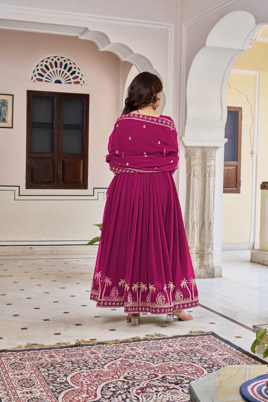 Magenta Faux Georgette Designer Embroidered Gown with Dupatta & Pant | Ready to Wear Ethnic Suit