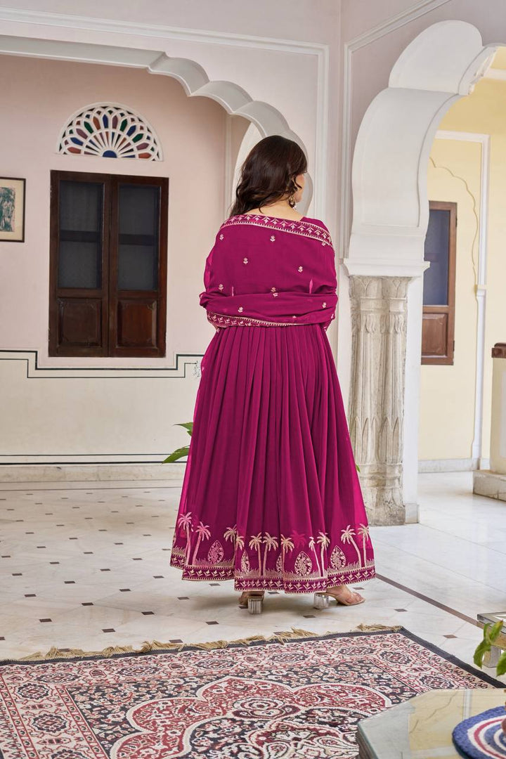 Magenta Faux Georgette Designer Embroidered Gown with Dupatta & Pant | Ready to Wear Ethnic Suit