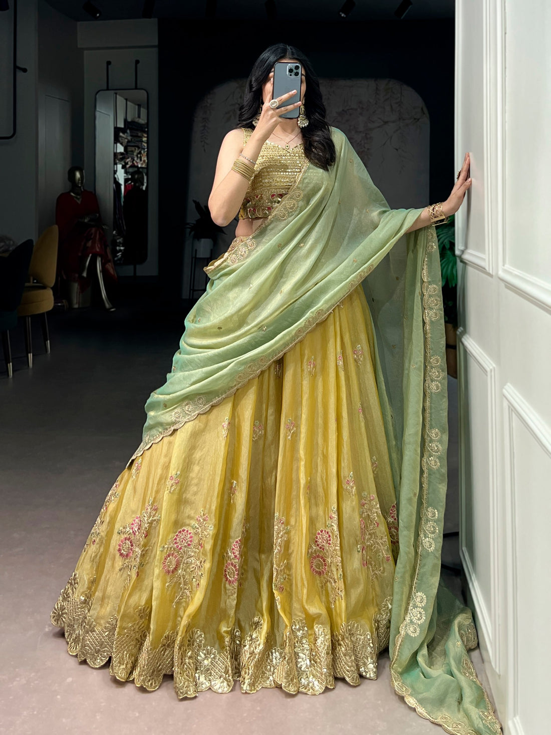 Yellow NC Moss Silk Designer Lehenga Choli with Embroidered Dupatta & Matching Batwa Bag
