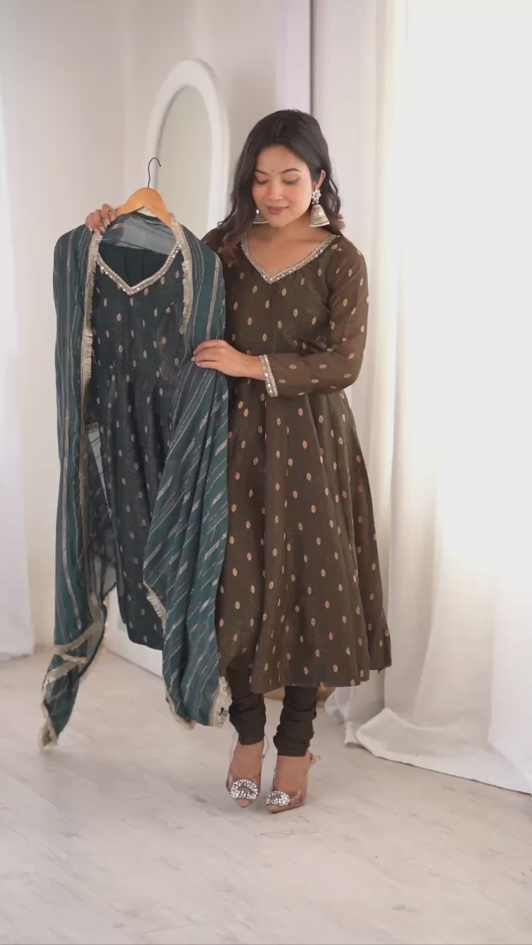 Teal Blue Crunchy Silk Anarkali Suit Set with Jacquard Dupatta | Festive Wear
