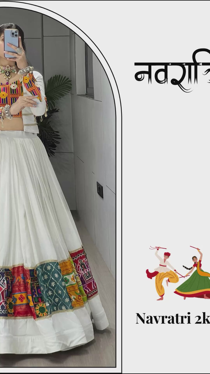 White Rayon Cotton Navratri Chaniya Choli with Kutchi Work Fancy Top | Designer Garba Lehenga Set for Women