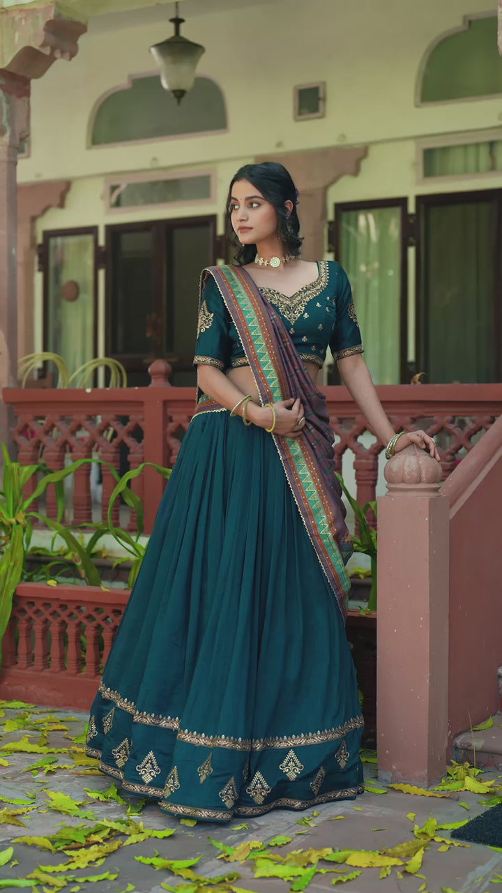 Teal Green Designer Vichitra Silk Lehenga Choli with Sequins Thread Embroidery & Foil Print Dupatta