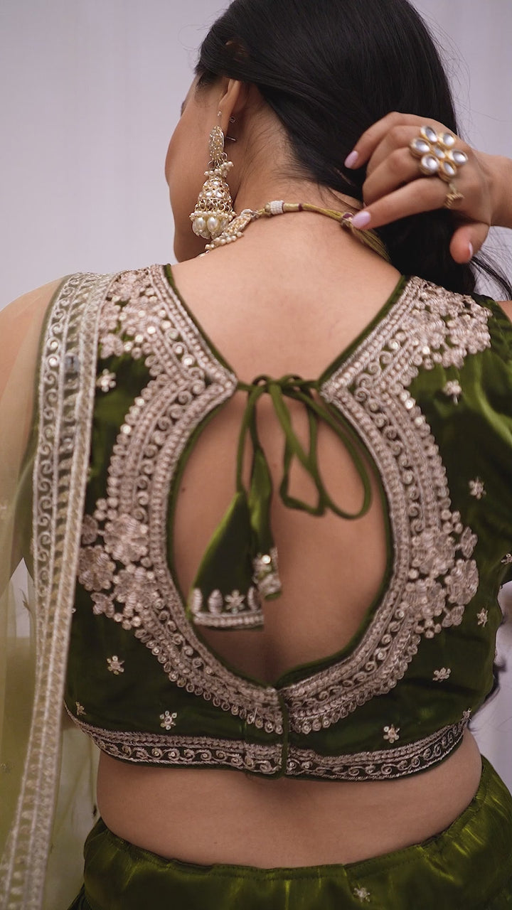 Olive Green Jimmy Choo Embroidered Lehenga Choli with Net Dupatta