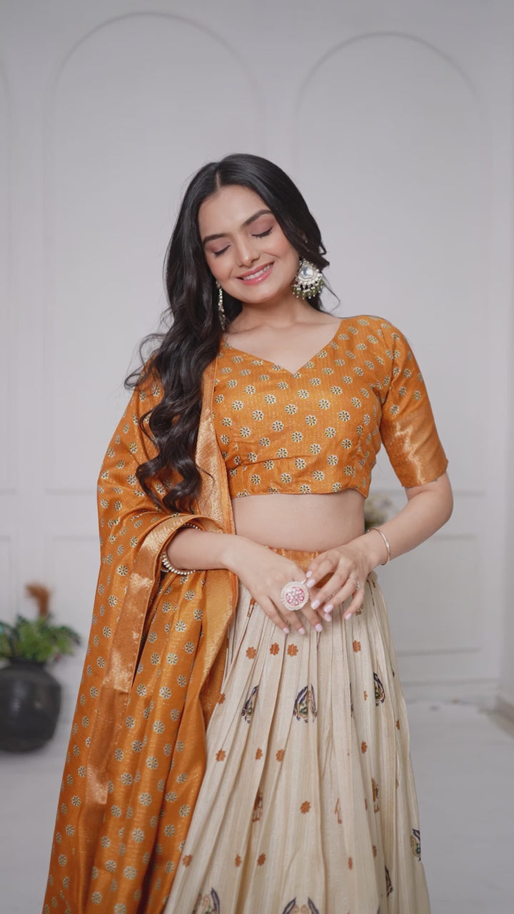 Mustard Yellow Lichi Silk Jacquard Lehenga Choli with Designer Dupatta